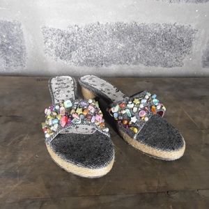 beaded fabric sandals slides wood heel ARTSY